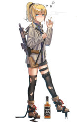 Rule 34 | 10s, 1girl, 5ya, ar-15, assault rifle, ayase eli, bad id, bad pixiv id, black pantyhose, black ribbon, black shorts, blonde hair, blouse, blue eyes, blue shirt, boots, bottle, brown footwear, cigarette, commentary request, cross-laced footwear, drawstring, drunk, fingernails, footwear ribbon, from side, full body, grey jacket, gun, highres, hood, hood down, hoodie, jacket, looking at viewer, love live!, love live! school idol project, nail polish, pantyhose, pink nails, pocket, ponytail, ribbon, rifle, shirt, short shorts, shorts, simple background, smoking, solo, striped clothes, striped shirt, thigh strap, torn clothes, torn pantyhose, turtleneck, vertical-striped clothes, vertical-striped shirt, walking, weapon, white background, yellow shirt