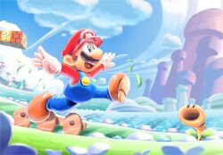 Rule 34 | artist name, blue eyes, blue overalls, blue sky, facial hair, fence, gloves, grass, hat, highres, jumping, maribou (supermaribou), mario, mario (series), mustache, nintendo, open mouth, outdoors, overalls, red headwear, red shirt, shirt, short hair, sky, super mario bros. wonder, talking flower (mario), watermark, white gloves, wooden fence