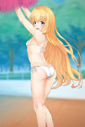 Rule 34 | 10s, 1girl, :d, amagi brilliant park, april 4, armpits, arms up, ass, bikini, blonde hair, blue eyes, blush, breasts, day, flat chest, from behind, kneepits, latifa fleuranza, legs, long hair, looking back, open mouth, pom pom (cheerleading), side-tie bikini bottom, small breasts, smile, solo, standing, swimsuit, thighs, very long hair, white bikini