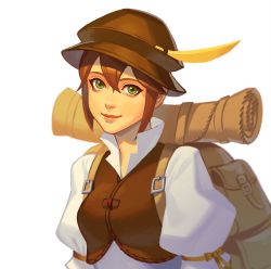 Rule 34 | 1girl, bag, blush, brown hair, dress, green eyes, hat, jewelry, looking at viewer, mella, necklace, octopath traveler, octopath traveler i, short hair, simple background, smile, solo, tressa (octopath traveler), white background