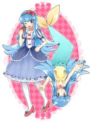 Rule 34 | 2girls, ako (ako0905), apple, argyle, argyle background, argyle clothes, blue dress, blue eyes, blue hair, bow, company connection, cosplay, disney, dress, dual persona, food, fruit, full body, gem, hair bow, hair ornament, hairband, hairpin, happinesscharge precure!, long hair, mermaid, monster girl, multiple girls, name connection, one eye closed, pantyhose, petticoat, pink background, precure, puffy sleeves, red apple, seashell, shell, shirayuki hime, shoes, sidelocks, smile, snow white, snow white (cosplay), snow white and the seven dwarfs, the little mermaid, the little mermaid (andersen), the little mermaid (cosplay), trait connection, upside-down, white legwear