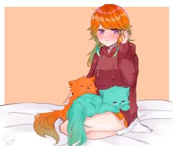 Rule 34 | 1girl, alternate costume, animal, bed, bedroom, blush, cat, cellphone, chonkers (takanashi kiara), earrings, feather earrings, feathers, gradient hair, hair down, highres, holding, holding animal, holding cat, holding phone, hololive, hololive english, jewelry, long hair, multicolored hair, on bed, orange hair, phone, purple eyes, sitting, smartphone, smoothie (takanashi kiara), takanashi kiara, talking on phone, tera (trs82341711), virtual youtuber