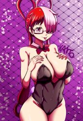 Rule 34 | 1girl, black leotard, breast suppress, facing viewer, glasses, highres, le reef, leotard, long hair, looking at viewer, multicolored hair, one piece, pink hair, playboy bunny, red hair, strapless, strapless leotard, tagme, two-tone hair, uta (one piece), very long hair