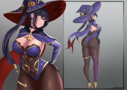 Rule 34 | 1girl, ass, black hair, blush, breasts, cleavage, curvy, earrings, genshin impact, green eyes, hat, highres, huge ass, jaxdraws, jewelry, large breasts, leotard, long hair, looking back, mirror, mona (genshin impact), multiple views, pantyhose, purple hair, thick thighs, thighs, twintails, wide hips, witch hat