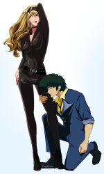 Rule 34 | absurdres, blonde hair, blunt bangs, breasts, catsuit, cleavage, couple, cowboy bebop, green hair, highres, julia (cowboy bebop), leather, lucy guusi, medium breasts, non-web source, spike spiegel