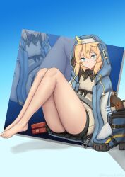Rule 34 | 1boy, absurdres, bare legs, barefoot, black shorts, blonde hair, blue background, blue eyes, blue jacket, bridget (guilty gear), commentary request, drawstring, feet, grey shirt, guilty gear, guilty gear strive, highres, hood, hooded jacket, jacket, knees up, long sleeves, looking at viewer, male focus, medium hair, setsuna (setsuna azastar), shirt, short shorts, shorts, thighs, trap, zoom layer