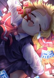 Rule 34 | 1girl, :3, ascot, bandaid, bandaid on face, bandaid on forehead, black skirt, black vest, blonde hair, blood, blood from mouth, closed eyes, commentary, danmaku, english commentary, explosion, fang, gameplay mechanics, hair ribbon, highres, long sleeves, open mouth, point item (touhou), power item (touhou), red ascot, red ribbon, ribbon, rion (user ufvg8527), rumia, shirt, skirt, teardrop, touhou, vest, white shirt
