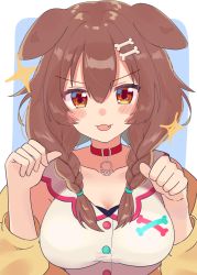 Rule 34 | 1girl, :3, :d, absurdres, animal ears, blue background, blush stickers, bone hair ornament, bone print, braid, breasts, brown eyes, brown hair, collar, collarbone, dog ears, dog girl, fang, hair ornament, highres, hololive, inugami korone, inugami korone (1st costume), large breasts, long hair, looking at viewer, open mouth, smile, solo, sparkle, tsumayouji (tumayog), twin braids, two-tone background, upper body, virtual youtuber, white background