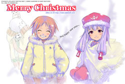 Rule 34 | 2girls, :d, ^ ^, beret, blush, capelet, christmas, closed eyes, coat, english text, gloves, grin, hat, long sleeves, multiple girls, open mouth, red gloves, seedark, sidelocks, smile, teeth, winter clothes, winter coat, zipper