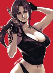 Rule 34 | 1girl, arm up, artist name, black gloves, black lagoon, black vest, breasts, cleavage, fingerless gloves, gloves, gun, hand on own head, highres, holding, holding gun, holding weapon, large breasts, looking at viewer, miss faves, red background, revy (black lagoon), smile, solo, tattoo, upper body, vest, weapon