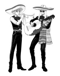 Rule 34 | 2boys, absurdres, acoustic guitar, ascot, black nails, black pants, black vest, blonde hair, charro, daybit sem void, fate/grand order, fate (series), full body, guitar, highres, holding, holding instrument, instrument, long hair, long sleeves, looking at another, mariachi, multiple boys, music, pants, playing instrument, sash, shirt, short hair, shoulder sash, simple background, sunglasses, tezcatlipoca (fate), trumpet, u raida0, vest, white background, white shirt