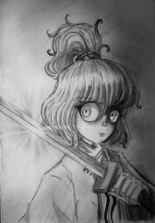 Rule 34 | 1other, adagumo no saragimaru, androgynous, capelet, closed mouth, commentary, dated commentary, english commentary, ev4nescent, eyelashes, frown, graphite (medium), greyscale, high ponytail, highres, holding, holding sword, holding weapon, japanese clothes, len&#039;en, looking at viewer, messy hair, monochrome, necktie, other focus, ponytail holder, scar, shaded face, short hair, short ponytail, signature, solo, sword, traditional media, upper body, weapon