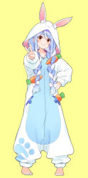 Rule 34 | alternate costume, animal ear fluff, animal ears, barefoot, blue hair, bow, braid, carrot hair ornament, carrot in pocket, collarbone, commentary request, extra ears, food-themed hair ornament, food in pocket, full body, hair between eyes, hair bow, hair ornament, hakui ami, hand on own hip, highres, hikimayu, hololive, hood, hood up, legs apart, long hair, looking at viewer, low twin braids, multicolored hair, onesie, parted hair, rabbit ears, rabbit girl, red eyes, short eyebrows, simple background, smile, standing, swept bangs, thick eyebrows, twin braids, two-tone hair, usada pekora, v, virtual youtuber, white bow, white hair, yellow background