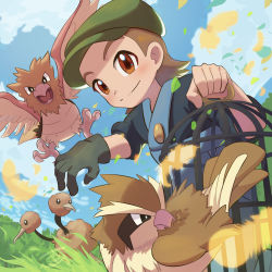 Rule 34 | 1boy, bird, bird keeper (pokemon), birdcage, black shirt, blush, brown hair, cage, closed mouth, cloud, commentary request, creatures (company), day, doduo, falling leaves, feathers, from below, game freak, gen 1 pokemon, gloves, grass, green gloves, green headwear, hat, holding, leaf, male focus, nintendo, orange eyes, outdoors, overalls, pidgey, pokemon, pokemon (creature), pokemon lgpe, shirt, single glove, sky, sleeves rolled up, smile, spearow, tom (pixiv10026189)
