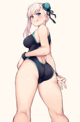 Rule 34 | 1girl, ass, asymmetrical hair, back, bare shoulders, black one-piece swimsuit, blue eyes, blush, breasts, bun cover, closed mouth, competition swimsuit, fate/grand order, fate (series), from behind, hair bun, highres, jp06, licking lips, long hair, looking at viewer, looking back, medium breasts, miyamoto musashi (fate), miyamoto musashi (swimsuit berserker) (first ascension) (fate), one-piece swimsuit, pink hair, side bun, single side bun, single sidelock, smile, solo, standing, swept bangs, swimsuit, tongue, tongue out, v, wristband