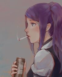 Rule 34 | 1girl, black eyes, can, cigarette, from side, grey background, holding, holding can, jill stingray, k-blehmeh, long hair, looking to the side, mouth hold, parted lips, profile, puffy short sleeves, puffy sleeves, purple hair, short sleeves, smoke, solo, swept bangs, twintails, upper body, va-11 hall-a