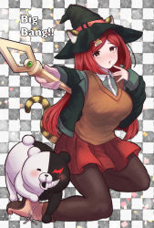Rule 34 | 1girl, :o, alternate breast size, alternate hair ornament, animal ears, black jacket, breasts, brown pantyhose, brown vest, checkered background, collared shirt, commentary request, danganronpa (series), danganronpa v3: killing harmony, english text, foreshortening, grey background, grey shirt, hair ornament, hand up, hat, highres, holding, holding staff, jacket, kuma pan (bearbread624), large breasts, long hair, long sleeves, looking at viewer, miniskirt, monokuma, open mouth, pantyhose, pleated skirt, red hair, red skirt, shirt, skirt, staff, tail, tiger ears, tiger hair ornament, tiger tail, vest, white shirt, witch hat, yumeno himiko