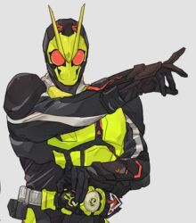 Rule 34 | 1boy, arm up, armor, bbbb fex, belt, driver (kamen rider), full armor, helmet, kamen rider, kamen rider 01 (series), kamen rider zero-one, looking at viewer, male focus, outstretched arm, outstretched hand, reaching, reaching towards viewer, red eyes, rider belt, solo, tokusatsu, white background, yellow armor, zero one driver