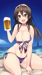 Rule 34 | 10s, 1girl, 2015, :d, adapted costume, alcohol, ashigara (kancolle), ashigara kai ni (kancolle), beach, beer, beer mug, bikini, blue sky, blush, breasts, brown eyes, brown hair, cameltoe, cleavage, cloud, collarbone, cup, dated, day, fang, female focus, groin, hair between eyes, hairband, highres, holding, huge breasts, kantai collection, kuro chairo no neko, lighthouse, long hair, looking at viewer, mug, navel, ocean, open mouth, outdoors, paw print, purple bikini, sand, seiza, side-tie bikini bottom, sitting, skindentation, sky, smile, solo, swimsuit, thighs, twitter username, water, white hairband
