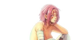 Rule 34 | 1girl, alternate hair length, alternate hairstyle, baiken, bandages, breasts, cleavage, facial mark, facial tattoo, forehead mark, guilty gear, hand on own neck, hitsuki (hiidukii), large breasts, one-eyed, pink eyes, pink hair, scar, scar across eye, scar on face, short hair, simple background, solo, tattoo, topless, white background
