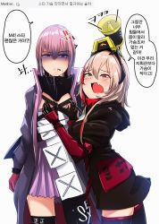 Rule 34 | 2girls, anger vein, banana (girls&#039; frontline), black legwear, blue eyes, clothes writing, fang, girls&#039; frontline, gloves, hair between eyes, hands on another&#039;s chest, headgear, highres, jacket, long hair, m4 sopmod ii (girls&#039; frontline), megaphone, multicolored hair, multiple girls, on head, open mouth, pink hair, red eyes, red hair, st ar-15 (girls&#039; frontline), streaked hair, tally, tears, thighhighs, translation request, white background, yellowseeds