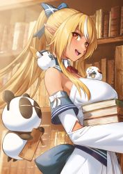 Rule 34 | 1girl, :d, absurdres, animal, animal on shoulder, bare shoulders, bird, bird on shoulder, blonde hair, blue bow, blush, book, book stack, bookshelf, bow, bowtie, breasts, dark-skinned female, dark skin, detached sleeves, dress, elf, elfriend (shiranui flare), from side, hair bow, highres, hololive, kintsuba (shiranui flare), large breasts, long hair, long sleeves, multicolored hair, nemoto yuuma, open mouth, pointy ears, ponytail, red bow, red bowtie, red eyes, shiranui flare, shiranui flare (1st costume), sideways glance, smile, solo, streaked hair, virtual youtuber, white dress, white hair