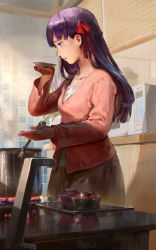 Rule 34 | 1girl, bow, casual, collarbone, commentary, cooking, dutch angle, fate/stay night, fate (series), hair bow, happy birthday, highres, indoors, jeanex, kitchen, long hair, matou sakura, microwave, mole, mole under eye, plate, pot, profile, purple hair, saucer, solo, steam, stove, tasting plate