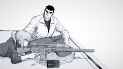 Rule 34 | 1boy, aiming, alma01, ammunition box, artist name, backpack, bag, duke tougou, golgo 13, gun, holding, holding weapon, hood, hoodie, m110 sass, original, ponytail, rifle, rooftop, scope, shell casing, sleeves rolled up, sniper rifle, sniping, stomach, suppressor, trigger discipline, weapon