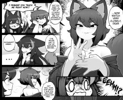 Rule 34 | 2girls, animal ears, ash sarai, bare shoulders, blush, breasts, cleavage, closed mouth, collarbone, comic, d-floe, english text, fang, fox ears, fox girl, fox tail, greyscale, highres, large breasts, long hair, looking at another, monochrome, multiple girls, open mouth, original, parted lips, saka himori (d-floe), smile, speech bubble, tail, thick eyebrows