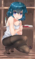 Rule 34 | 10s, 1girl, bare shoulders, black pantyhose, blue eyes, unworn clothes, covering privates, covering breasts, hair between eyes, indoors, kaban (kemono friends), kemono friends, looking at viewer, open mouth, pantyhose, partially undressed, short hair, solo, squatting, tadano magu, thighband pantyhose, wooden floor