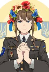 Rule 34 | 1girl, black jacket, black necktie, blue eyes, blue flower, breast pocket, breasts, brown hair, closed mouth, collared shirt, eyebrows hidden by hair, flower, hair flower, hair ornament, highres, interlocked fingers, jacket, long hair, long sleeves, looking at viewer, necktie, original, own hands together, patch, pocket, red flower, russian warbride, shirt, shoulder patch, sidelocks, small breasts, solo, upper body, wani (perfect han), white shirt, yellow flower