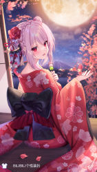 Rule 34 | 1girl, :d, absurdres, back bow, black bow, bow, braid, character request, commentary request, crown braid, dango, floral print, flower, food, full moon, hair between eyes, hair bun, hair flower, hair ornament, highres, holding, holding food, japanese clothes, kimono, long sleeves, looking at viewer, looking back, moon, mountain, night, night sky, open mouth, overidea, print kimono, red eyes, red flower, red kimono, sanshoku dango, shanguier, side bun, single hair bun, single side bun, sky, smile, solo, star (sky), starry sky, virtual youtuber, wagashi, white flower, wide sleeves