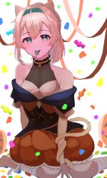 Rule 34 | 1girl, absurdres, animal ears, bare shoulders, blonde hair, cat ears, green eyes, halloween, highres, hololive, kazama iroha, looking at viewer, mouth hold, naftyiyo11, smile, solo, virtual youtuber