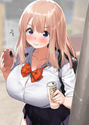 Rule 34 | 1girl, ^^^, anpan, bag, black skirt, blonde hair, blouse, blush, bow, bowtie, bra visible through clothes, bread, breasts, can, canned coffee, cleavage, closed mouth, collarbone, drink can, eating, embarrassed, food, holding, holding food, kaisen chuui, large breasts, lips, long hair, looking at viewer, miniskirt, original, outdoors, purple eyes, red bow, red bowtie, school bag, school uniform, shirt, skirt, solo, standing, surprised, taut clothes, taut shirt, utility pole, white shirt