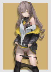 Rule 34 | 1girl, absurdres, aegisfate, black bra, black jacket, black panties, black skirt, blush, bra, bra peek, breasts, brown hair, buckle, closed mouth, clothes lift, clothes pull, clothes writing, coat, colored eyelashes, dripping, embarrassed, girls&#039; frontline, gluteal fold, groin, hair ornament, heart, heart-shaped pupils, highres, holding, jacket, legs apart, lifted by self, light brown hair, long hair, long sleeves, one side up, open clothes, open coat, open jacket, panties, panty pull, pantyhose, pantyhose pull, partially unbuttoned, pleated skirt, pouch, pussy, pussy juice, scar, shirt, sidelocks, single bare shoulder, skirt, skirt lift, small breasts, smile, solo, straight hair, symbol-shaped pupils, ump45 (girls&#039; frontline), underwear, yellow eyes