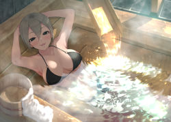 Rule 34 | 1girl, :p, armpits, arms up, bathing, bikini, black bikini, black eyes, blush, breasts, breasts apart, bucket, cleavage, commentary request, day, earrings, hair between eyes, highres, idolmaster, idolmaster cinderella girls, jewelry, looking at viewer, lying, mizuki makoto, o-ring, o-ring bikini, on back, onsen, open mouth, partially submerged, shiomi syuko, short hair, silver hair, smile, solo, steam, sunlight, swimsuit, tongue, tongue out, towel, twitter username, water, wooden bucket
