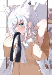 Rule 34 | 1girl, absurdres, adjusting hair, animal ear fluff, animal ears, beige shirt, blush, bow, braid, commentary, earrings, extra ears, fox ears, fox girl, green eyes, hair between eyes, hair bow, hand in own hair, highres, hololive, jewelry, long hair, looking at viewer, mirror, mouth hold, ribbon, ribbon in mouth, shino2121, shirakami fubuki, shirakami fubuki (street), short sleeves, sidelocks, single braid, solo, virtual youtuber, white hair, wide sleeves