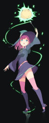Rule 34 | 1girl, absurdres, arm up, black background, black dress, blue footwear, blue hat, boots, cloba, dress, full body, hat, high heel boots, high heels, highres, holding, knee boots, little witch academia, long hair, pink hair, pink thighhighs, short dress, simple background, solo, standing, thighhighs, witch hat