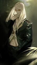 Rule 34 | 1boy, black jacket, black pants, blonde hair, cigarette, fate/grand order, fate (series), forest, highres, jacket, jewelry, long hair, looking down, male focus, medallion, nature, necklace, open clothes, open jacket, orange-tinted eyewear, outdoors, pants, shirt, signature, smoke, smoking, sunglasses, tanxiacross11, tezcatlipoca (fate), tinted eyewear, white shirt
