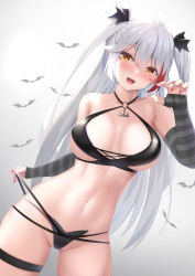 Rule 34 | 1girl, :d, antenna hair, azur lane, bare shoulders, bat (animal), bikini, bikini pull, black bikini, blush, breasts, claw pose, cleavage, clothes pull, collarbone, commentary request, cowboy shot, detached sleeves, facial mark, groin, hair between eyes, halterneck, heart, highres, large breasts, long hair, looking at viewer, multicolored hair, nail polish, navel, o-ring, o-ring bikini, open mouth, orange eyes, prinz eugen (azur lane), red hair, red nails, sidelocks, silver hair, simple background, skindentation, smile, solo, standing, stomach, streaked hair, striped sleeves, swept bangs, swimsuit, tatsumiya kagari, teeth, thigh strap, two side up, underboob, very long hair, white background