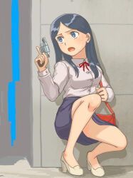 1girl absurdres bag black_hair blue_eyes commentary dated_commentary full_body gun handbag handgun hiding high_heels highres holding holding_gun holding_weapon kageng long_hair office_lady open_mouth original pencil_skirt ponytail red_bag revolver shirt skirt solo squatting sweat taking_cover trigger_discipline weapon white_footwear white_shirt