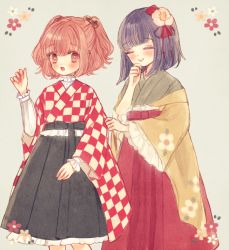 Rule 34 | 2girls, bell, black skirt, blush, brown eyes, brown hair, checkered clothes, checkered kimono, clothes grab, cowboy shot, closed eyes, flower, frilled sleeves, frills, green kimono, grin, hair bell, hair flower, hair ornament, hand to own mouth, hand up, hieda no akyuu, japanese clothes, kimono, long sleeves, motoori kosuzu, multiple girls, open mouth, purple hair, red skirt, short hair, skirt, sleeve grab, smile, touhou, two side up, wide sleeves, yujup