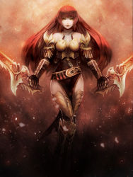 Rule 34 | 1girl, armor, bad deviantart id, bad id, bare shoulders, dual wielding, holding, red hair, solo, sword, tetsu (aurvandil), thighhighs, weapon, yellow eyes