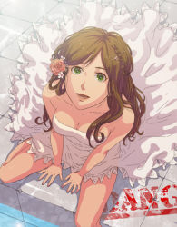 Rule 34 | 1girl, arm support, axis powers hetalia, bad id, bad pixiv id, bare shoulders, between legs, braid, breasts, brown hair, cleavage, downblouse, dress, flower, from above, green eyes, hair flower, hair ornament, hand between legs, hungary (hetalia), ishizaki miwako, lipstick, long hair, looking up, makeup, medium breasts, open mouth, pool, poolside, sitting, solo, strapless, strapless dress, water, white dress