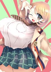 Rule 34 | 10s, 1girl, amii, blonde hair, blush, breasts, brown eyes, brown hair, female focus, hair ornament, hairclip, huge breasts, jacket, looking at viewer, miniskirt, narusawa ryouka, necktie, occultic;nine, one eye closed, open mouth, school uniform, shirt, short hair, skirt, smile, solo, standing, thick thighs, thighs, uniform, v, white shirt, wink