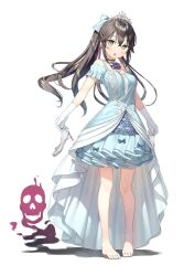 Rule 34 | barefoot, blue dress, brown hair, crossed bangs, dress, full body, gloves, hair between eyes, high heels, highres, kantoku, long hair, looking at viewer, official art, open mouth, otonari-san (sasaki to p-chan), ponytail, sasaki to p-chan, second-party source, shirt, shoes, sidelocks, simple background, skull, solo, standing, unworn shoes, white gloves, white shirt, yellow eyes