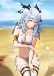 Rule 34 | 1girl, arknights, armband, bare shoulders, beach, bikini, bird girl, blurry, blurry background, blush, breasts, buckle, cleavage, closed mouth, collarbone, commentary request, criss-cross halter, day, depth of field, embarrassed, english text, feather hair, halterneck, hand on own arm, highres, looking away, medium breasts, navel, ocean, outdoors, owl ears, owl girl, ptilopsis (arknights), ri qing, side-tie bikini bottom, silver hair, solo, stomach, swimsuit, temperature, thigh gap, thigh strap, thighhighs, timestamp, white bikini, white thighhighs