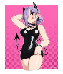 Rule 34 | 1girl, :q, arm up, artist name, bangs, black collar, black dress, black eyes, blush, borrowed character, breasts, cleavage, collar, cropped legs, demon girl, demon horns, demon tail, dress, earrings, hair over one eye, halftone, halftone background, highres, horns, jewelry, large breasts, liz (gingrjoke), original, pink background, polka dot, polka dot background, purple hair, rob ishi, shiny, shiny clothes, smile, solo, tail, tongue, tongue out, white background
