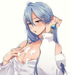 Rule 34 | 1boy, bare shoulders, blue eyes, blue hair, blush, button shirt, button up skirt, edmond (nu carnival), feminine, gem, gem on hand, hand jewel, highres, jewel, long hair, looking down, male focus, nipple slip, nipples, niwa (niwa827), nu carnival, off shoulder, open mouth, pectoral cleavage, pectorals, shirt, solo, sweatdrop, teeth, trap, upper body, upper teeth only, whipped cream, white shirt