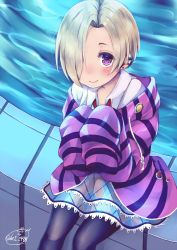 Rule 34 | 10s, 1girl, argyle, argyle clothes, argyle skirt, black pantyhose, blonde hair, blush, chita (ketchup), closed mouth, collared shirt, ear piercing, fountain, frilled skirt, frills, hair over one eye, hands in opposite sleeves, hood, hooded jacket, idolmaster, idolmaster cinderella girls, idolmaster cinderella girls starlight stage, jacket, looking at viewer, necktie, outdoors, own hands together, pantyhose, piercing, purple eyes, purple jacket, red necktie, shirasaka koume, shirt, short hair, signature, sitting, skirt, sleeves past wrists, smile, solo, striped clothes, striped jacket, twitter username, water, white shirt